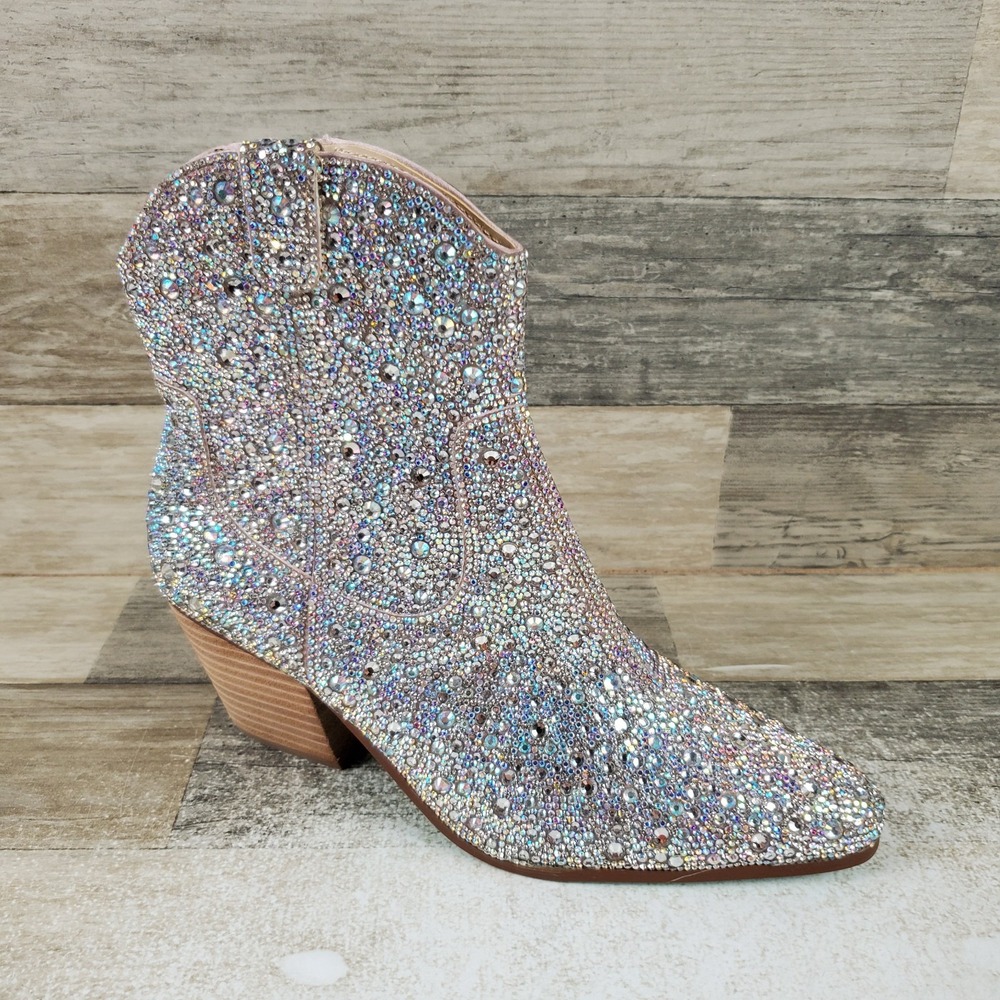 Betsey Johnson Emory Womens Western Boots Sz 6 M Rhinestone Side Zip Block Heel